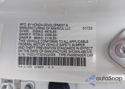 2022 Honda Accord Sport from USA, damaged, VIN 1HGCV1F32NA024308